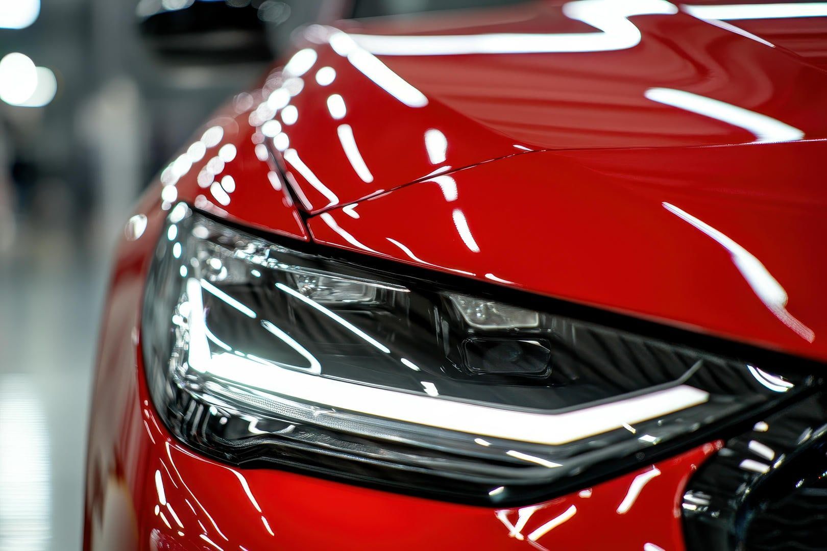 A close up of a red car 's headlight in a showroom.