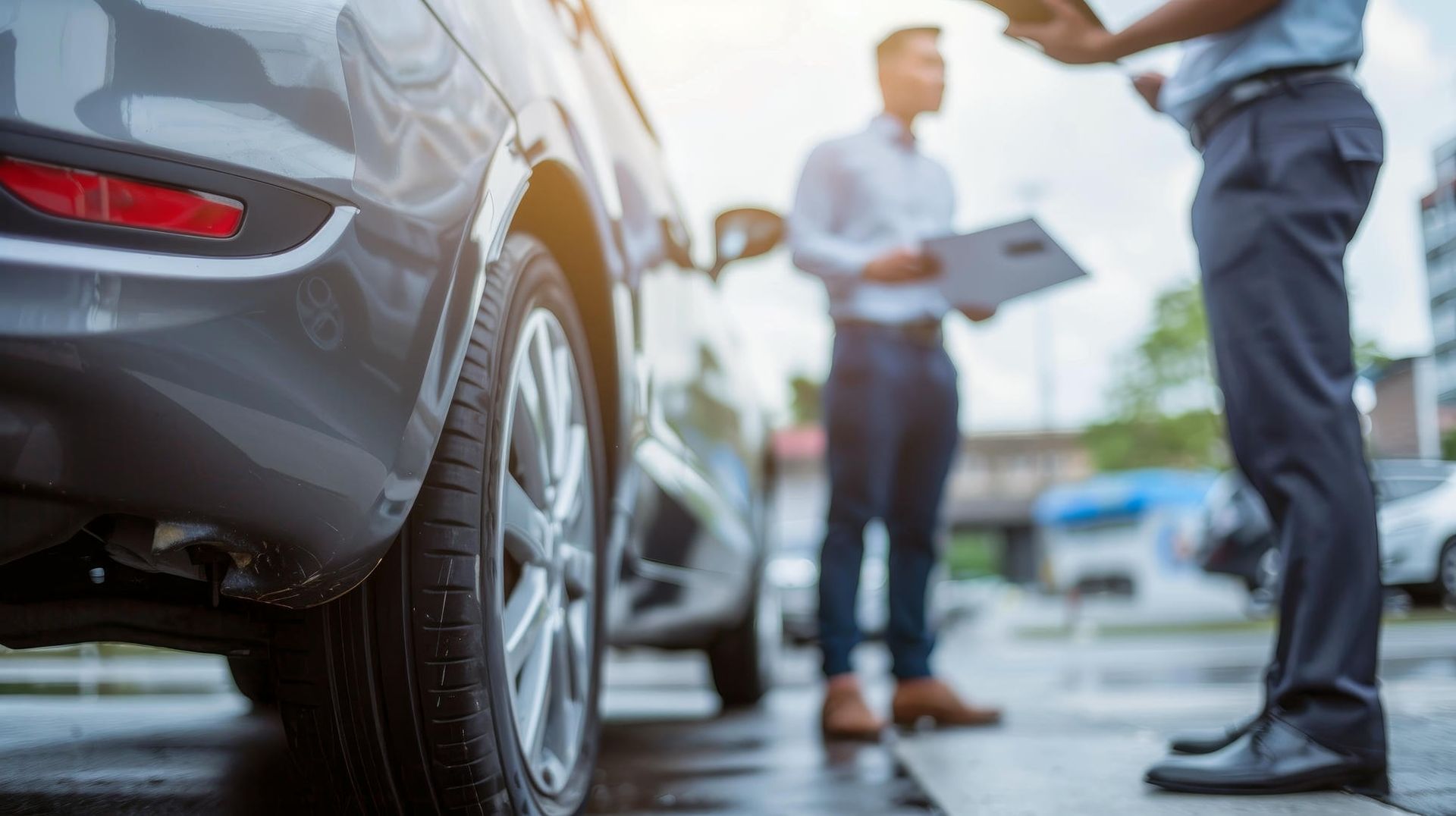 Two men are standing next to a car in a parking lot.
