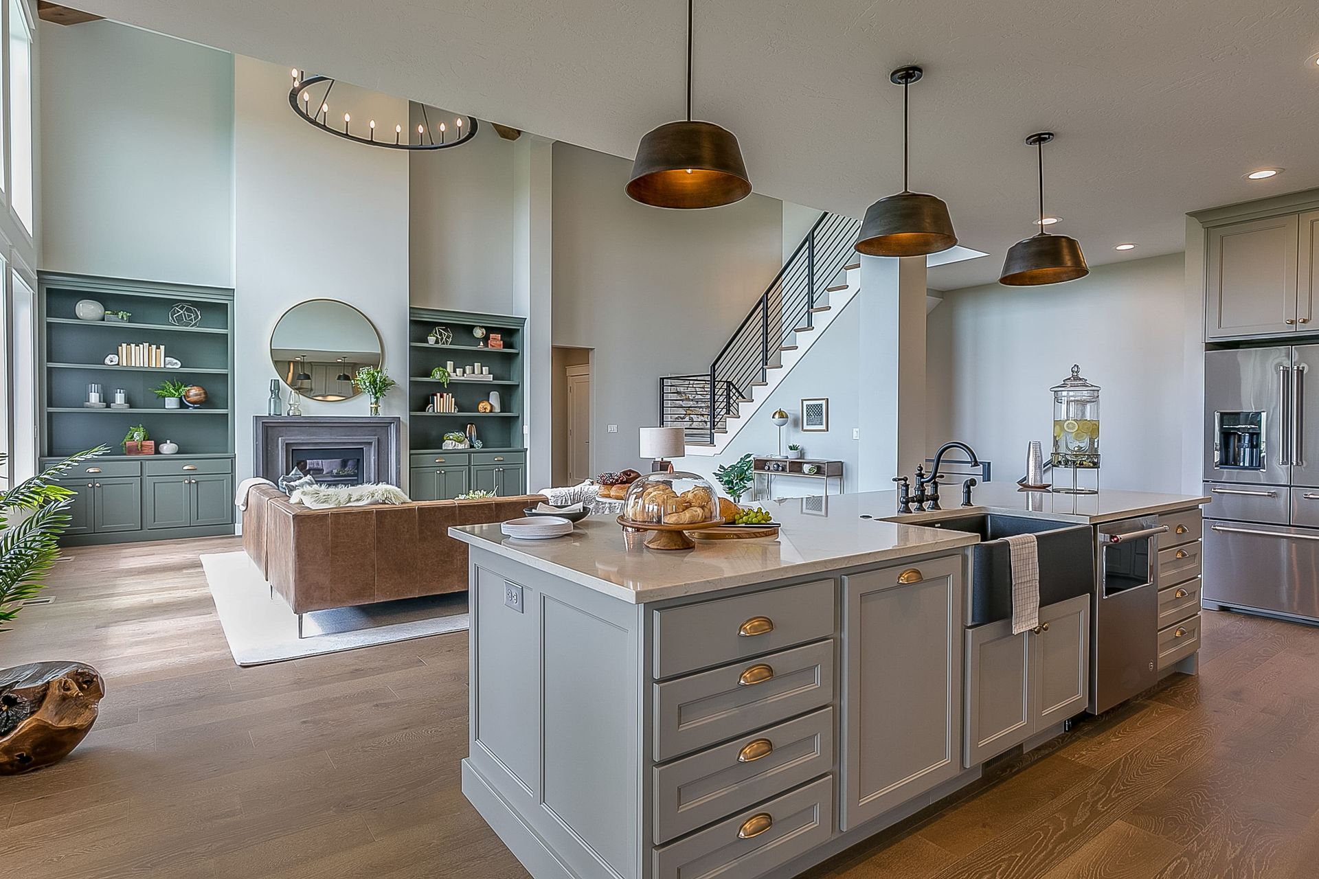 There is a large island in the middle of the kitchen.