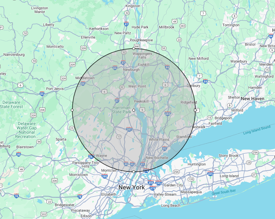 A map of new york with a circle around it