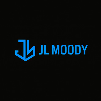 A logo for a company called jl moody with a blue arrow pointing down on a black background.