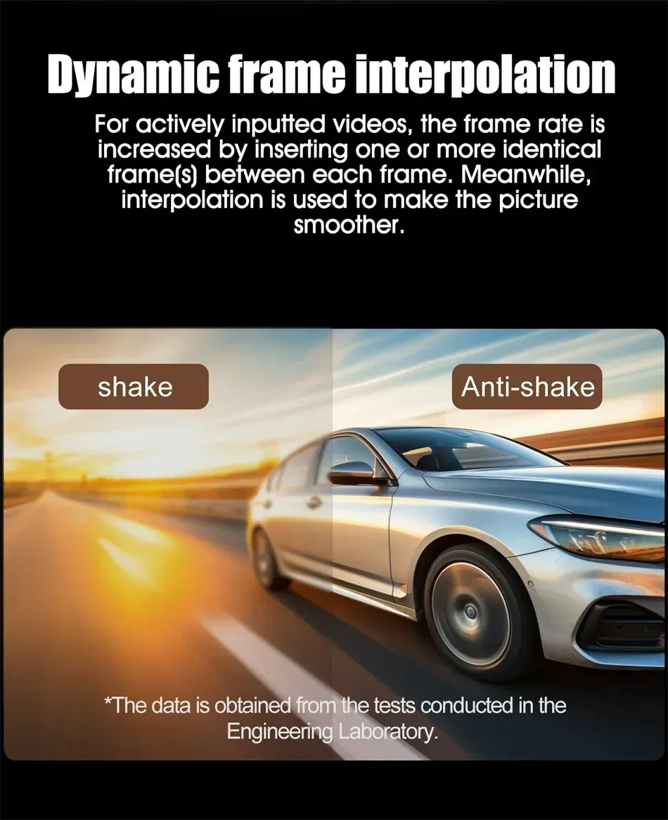 A car is driving down a road with a dynamic frame interpolation.