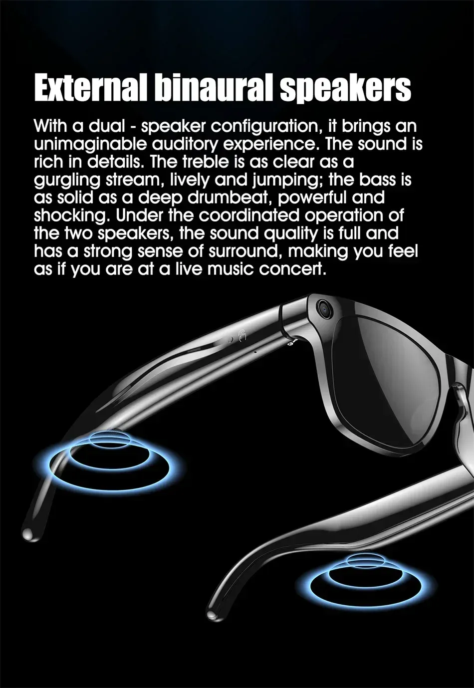 A pair of sunglasses with external binaural speakers on a black background.