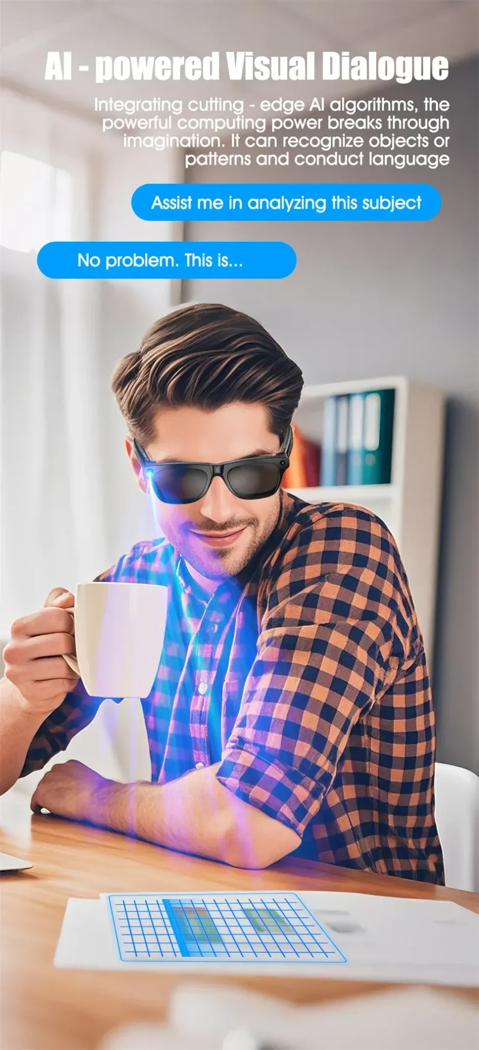 A man wearing sunglasses is sitting at a table holding a cup of coffee.