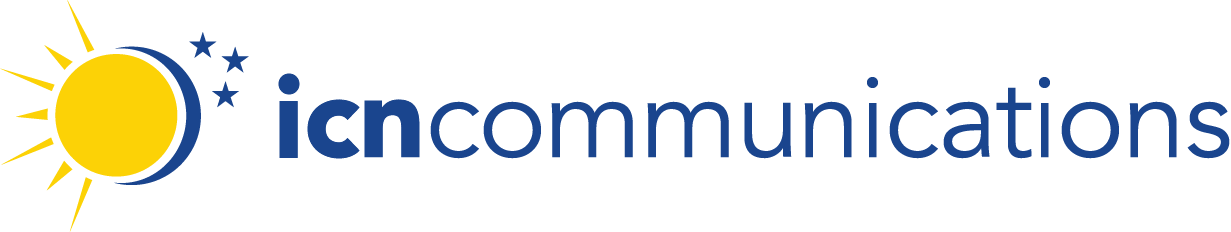 A logo for icn communications with a sun in the middle