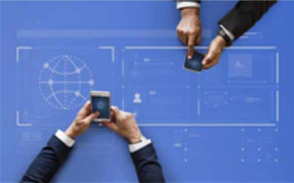 Two people are looking at their phones on a blue background