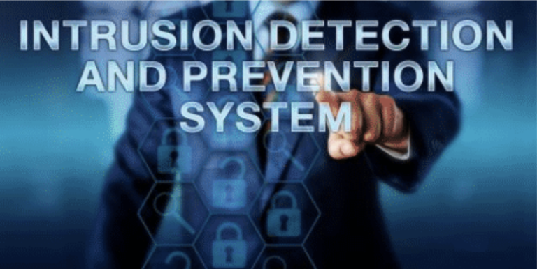 A man in a suit is pointing at a screen that says intrusion detection and prevention system.