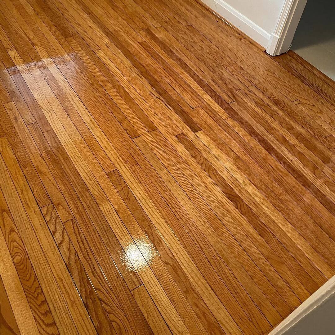 Shiny, reddish-brown hardwood floor with wood grain visible. A white door frame is in the corner.