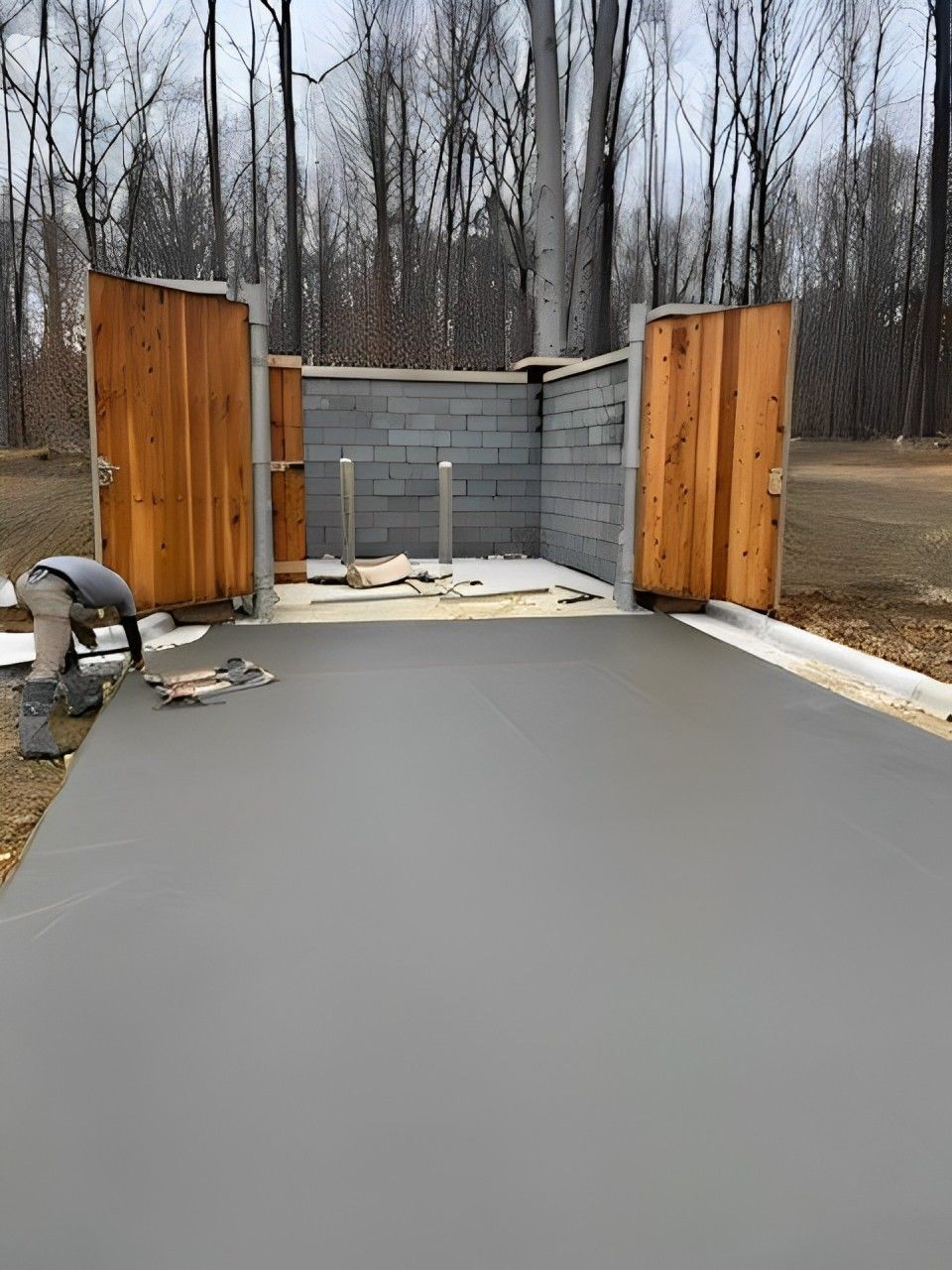 A construction worker smooths a newly poured concrete slab in front of a partially built structure with wood and block walls.