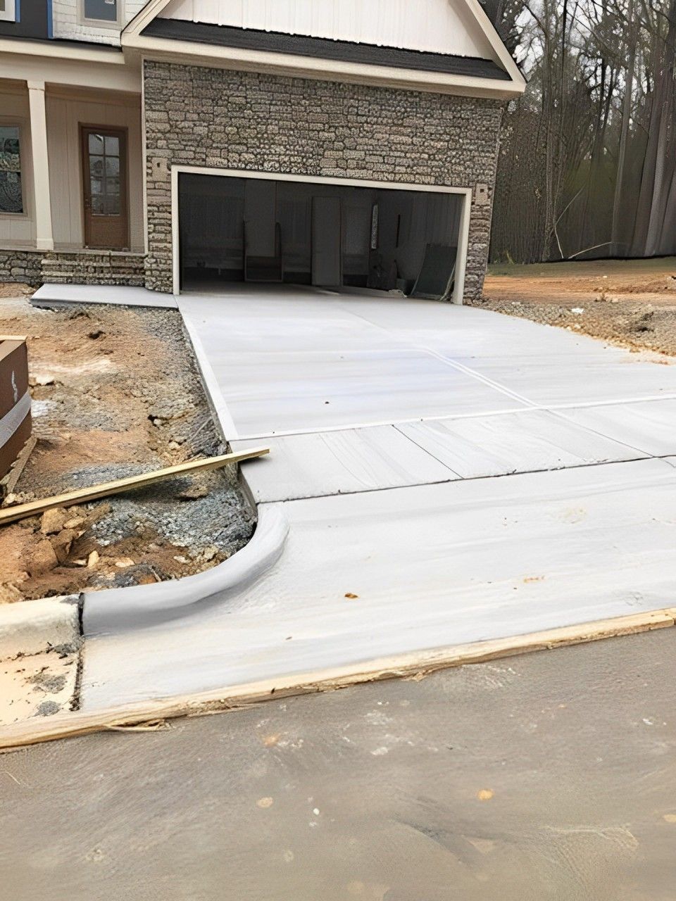 A new concrete driveway leads to a garage at a residential home under construction.