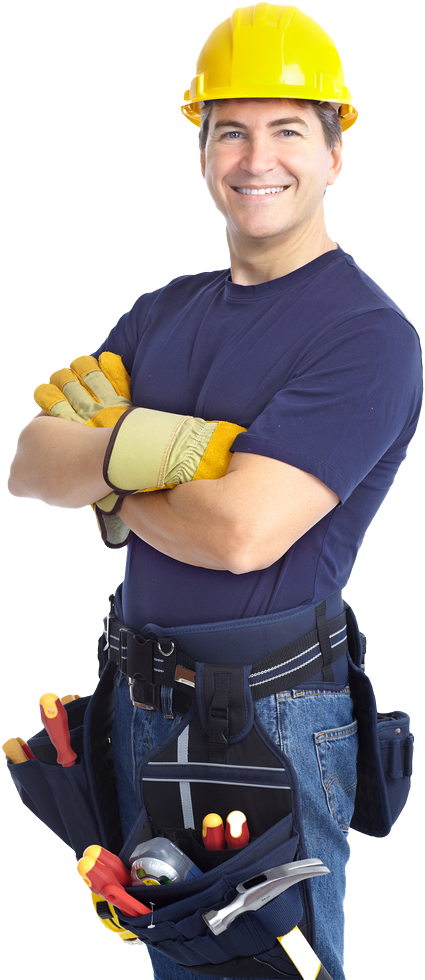 A smiling construction worker wearing a yellow hard hat and tool belt with arms crossed, against a white background.
