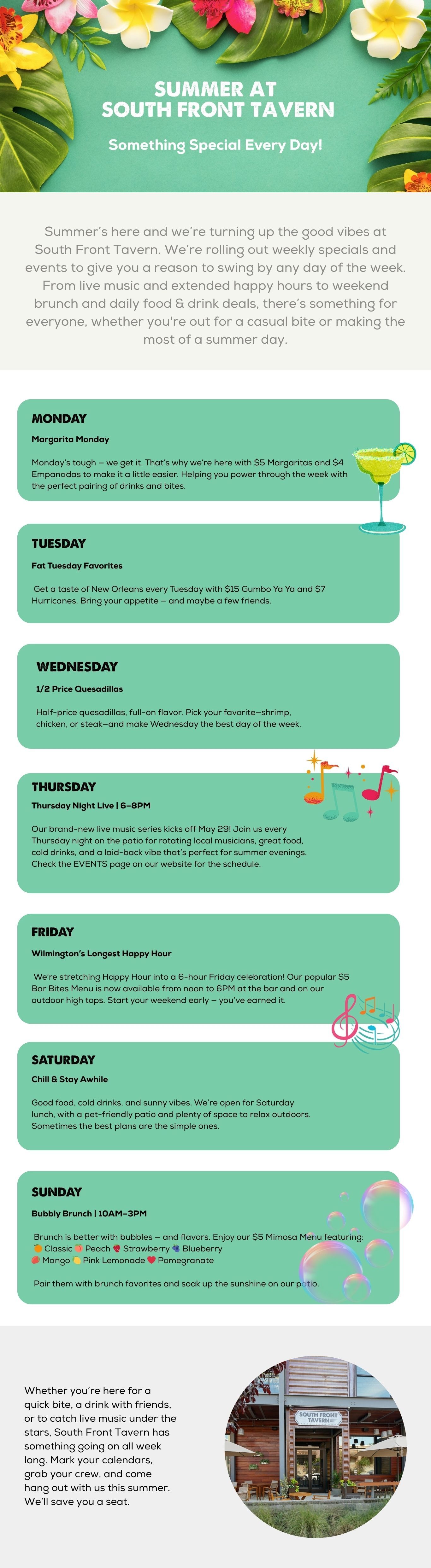 Summer 2025 Weekly Specials and Events at South Front Tavern