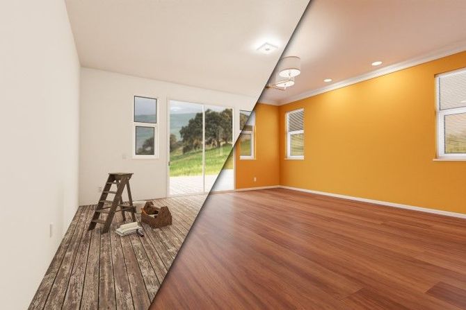 Split-view interior before-and-after: empty room with white walls and orange accent wall, wood floors, and patio door.