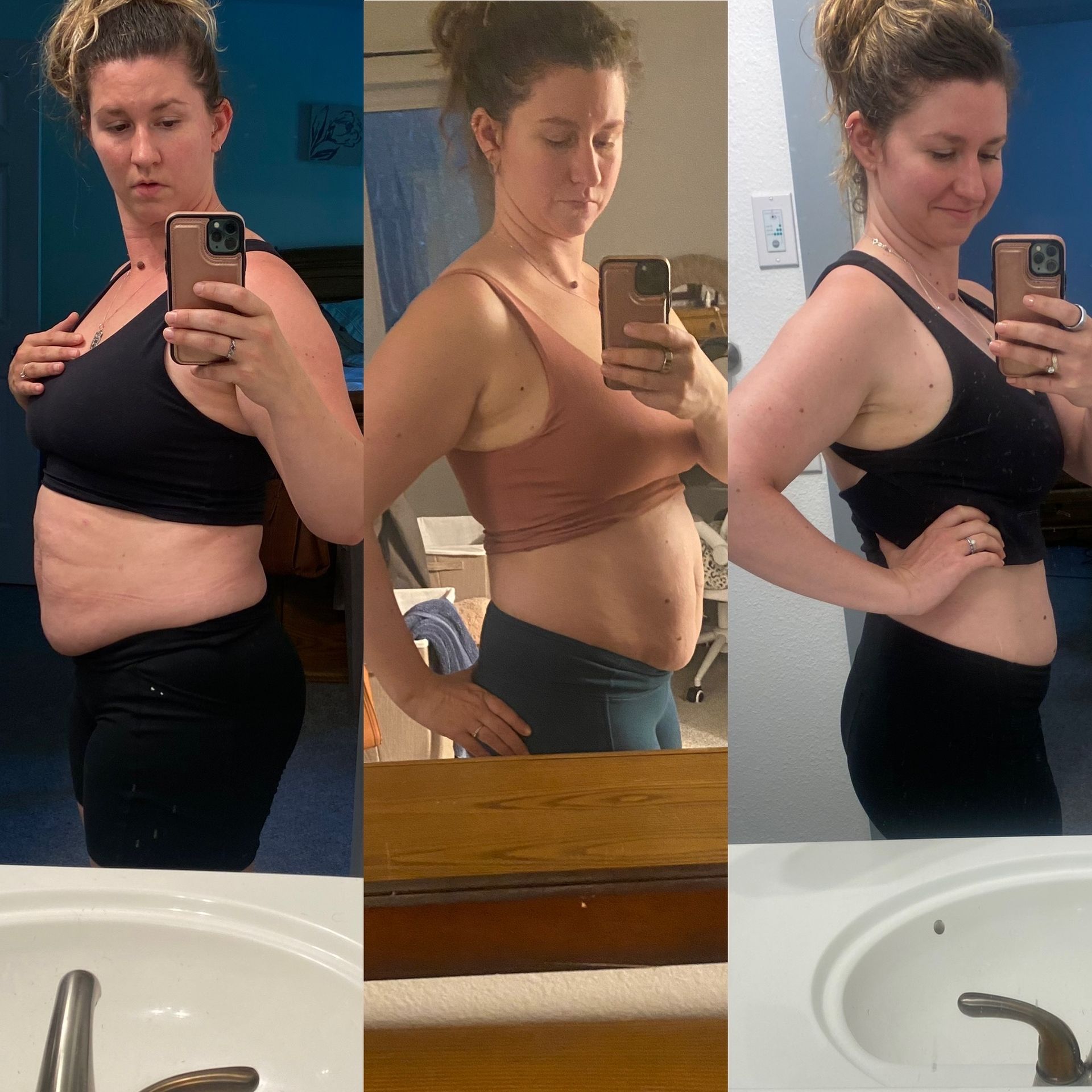 Woman in sports bras and leggings, showing weight loss progress in three photos.