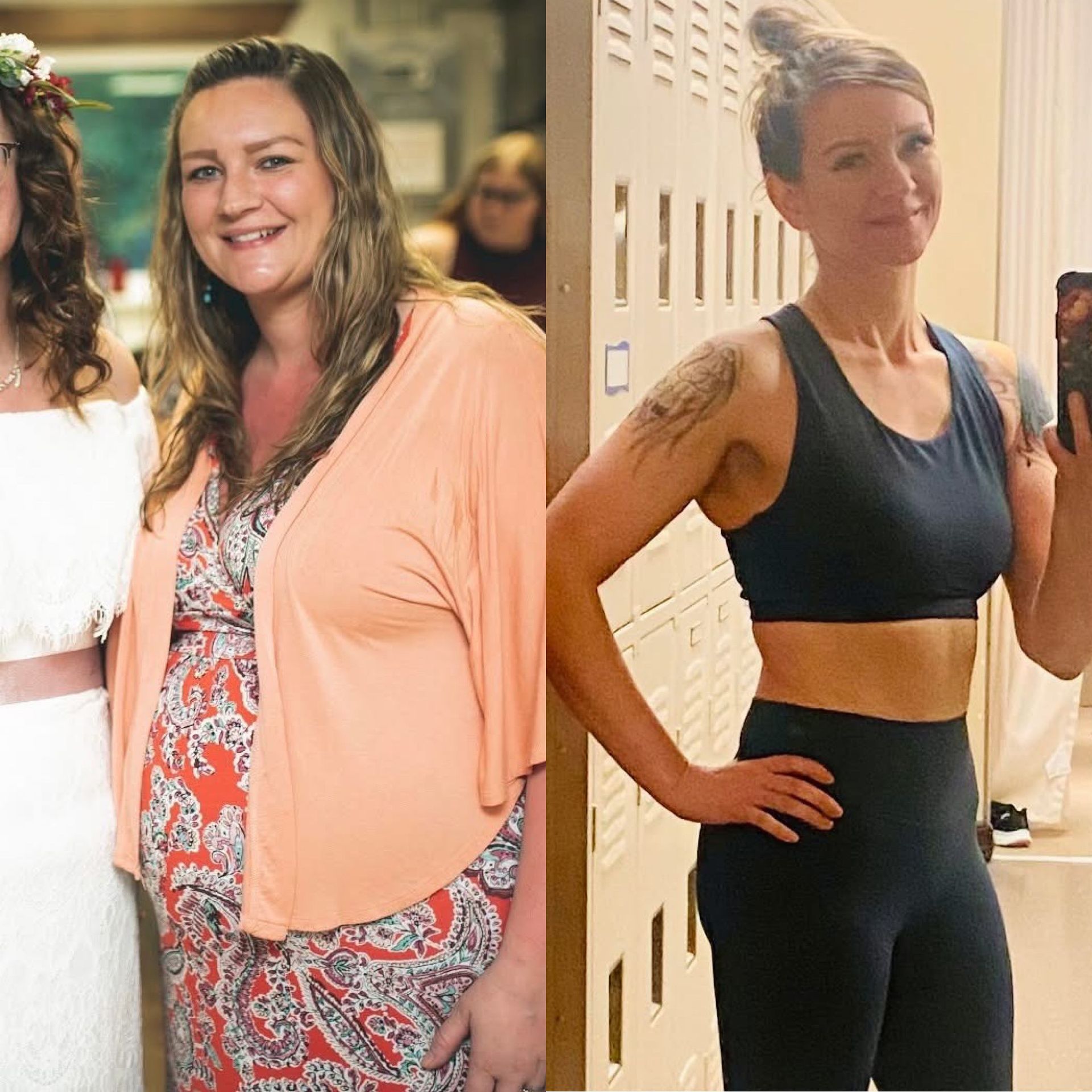 Woman before and after weight loss, in different outfits.