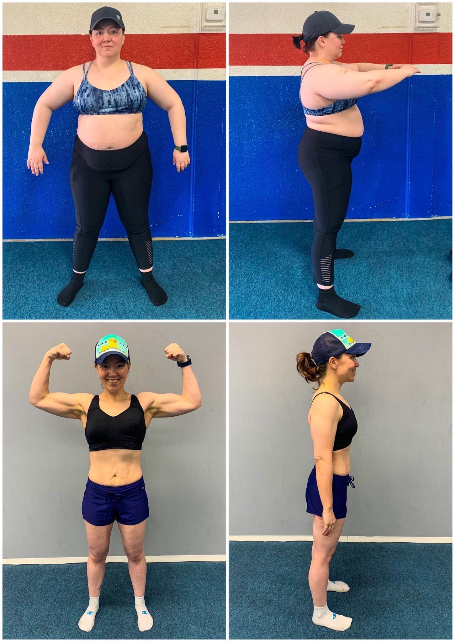 Weight loss before-and-after: woman in workout clothes, top row heavier, bottom row leaner and muscular.
