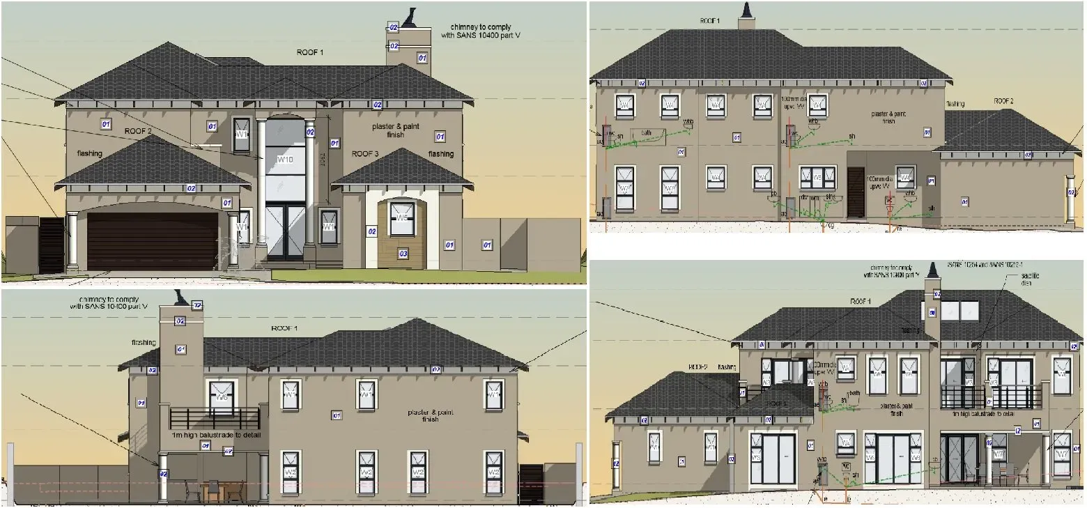 Several drawings of a large house with a gray roof