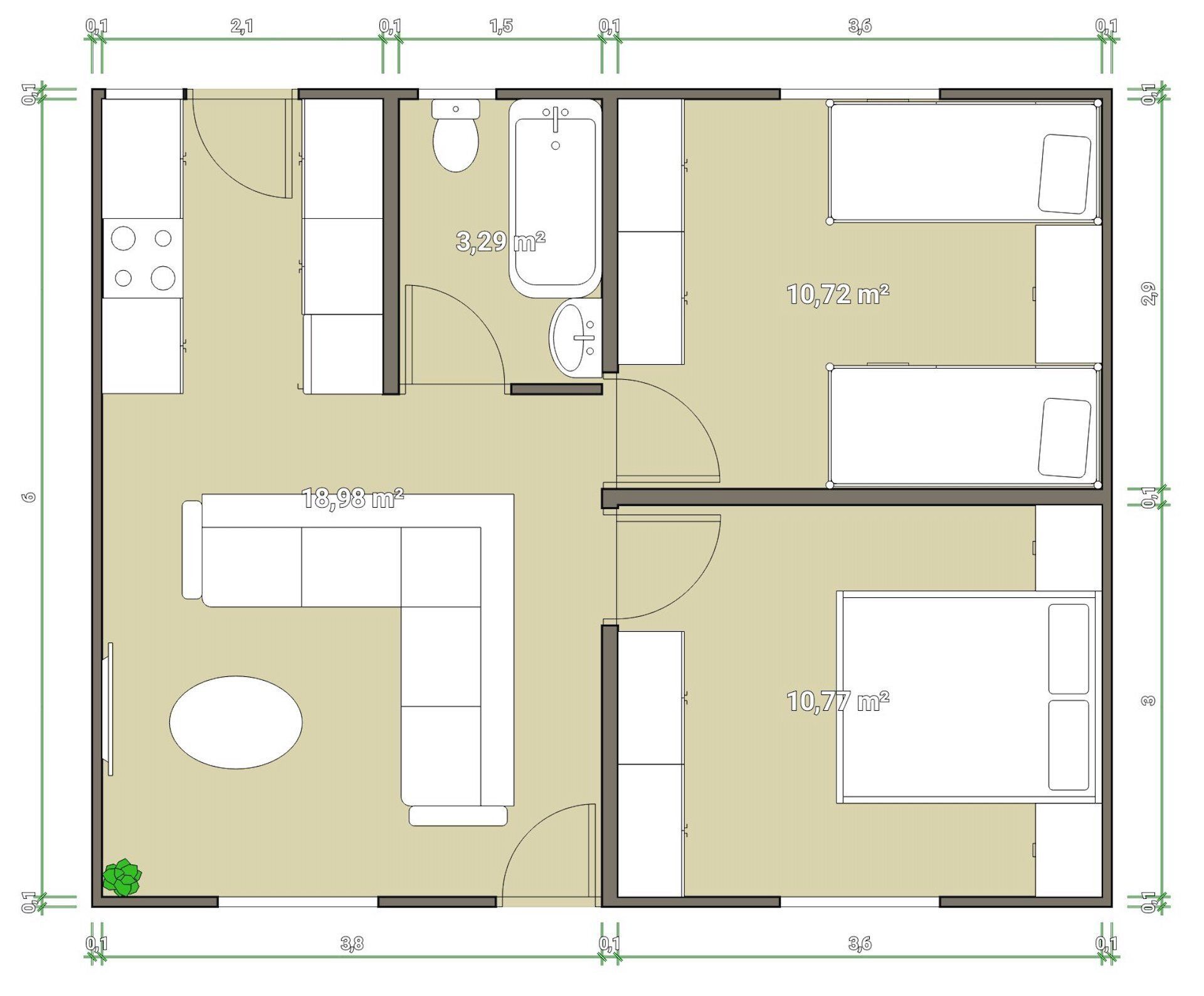 A floor plan of a house with a couch and a table