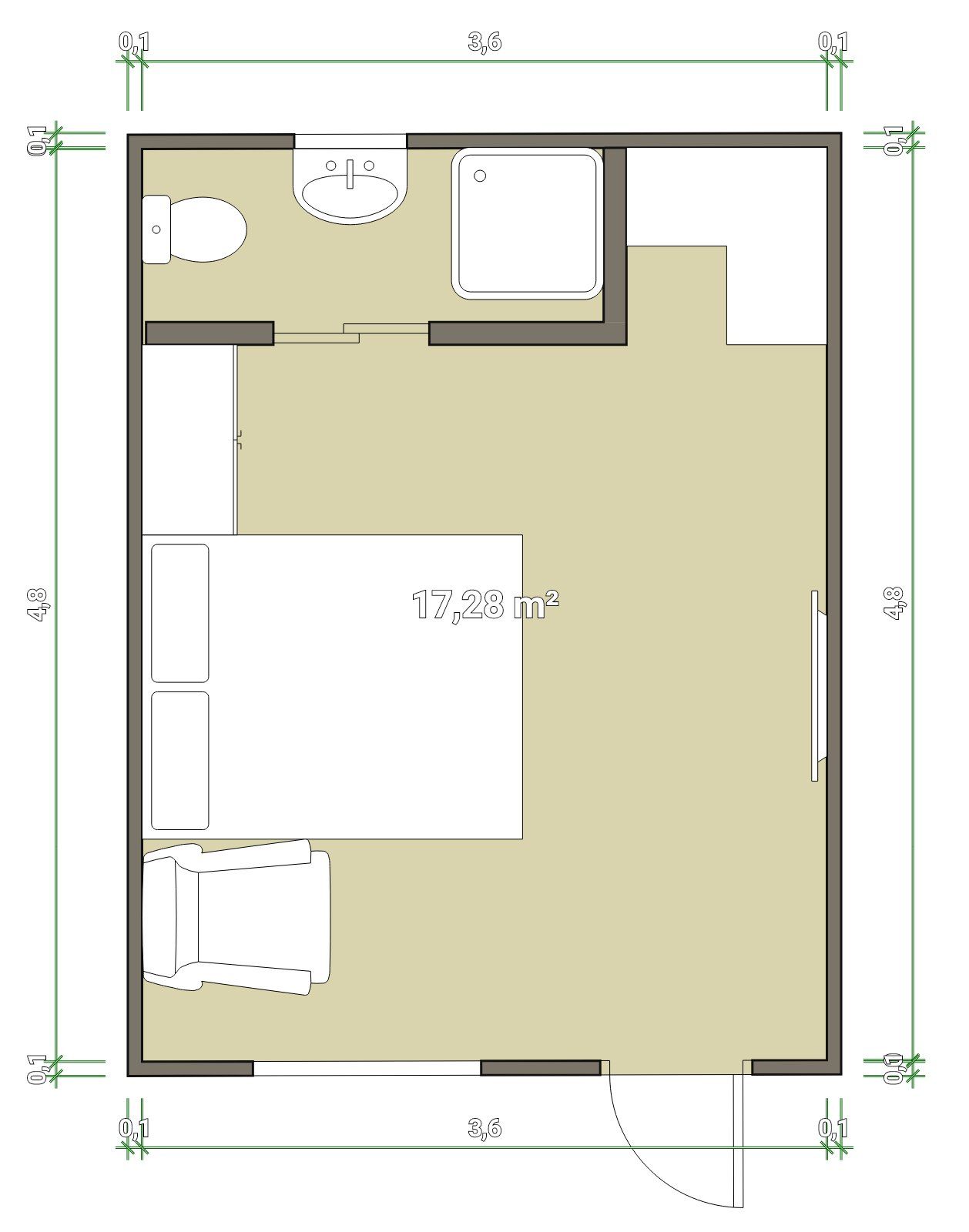 A floor plan of a bedroom with a bed , toilet , and sink.