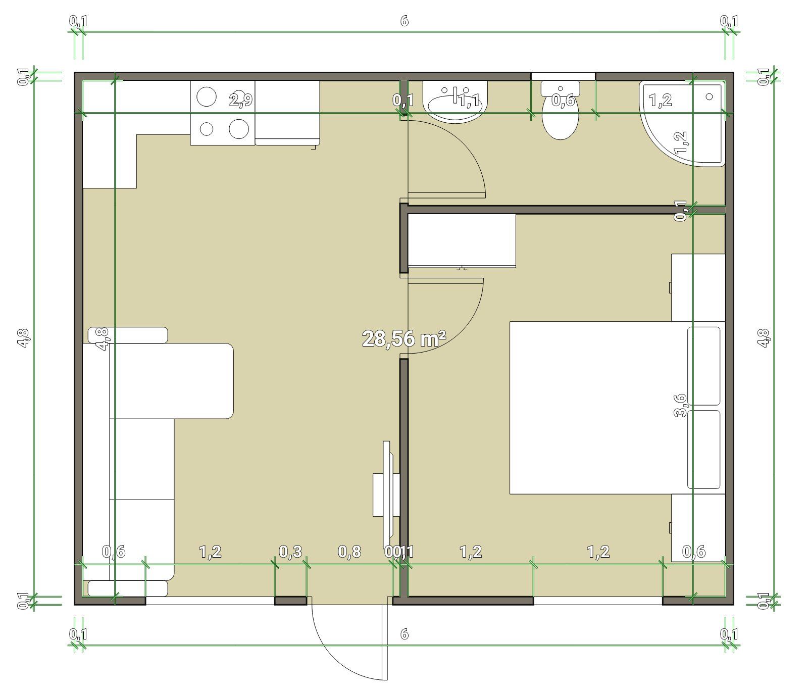 A floor plan of a small apartment with measurements