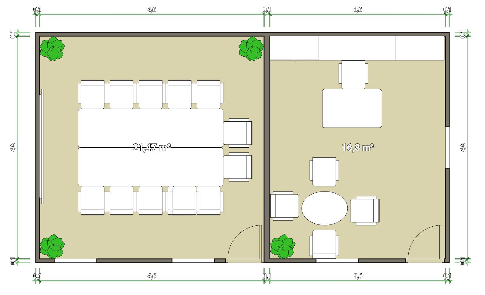 A floor plan of a room with a table and chairs