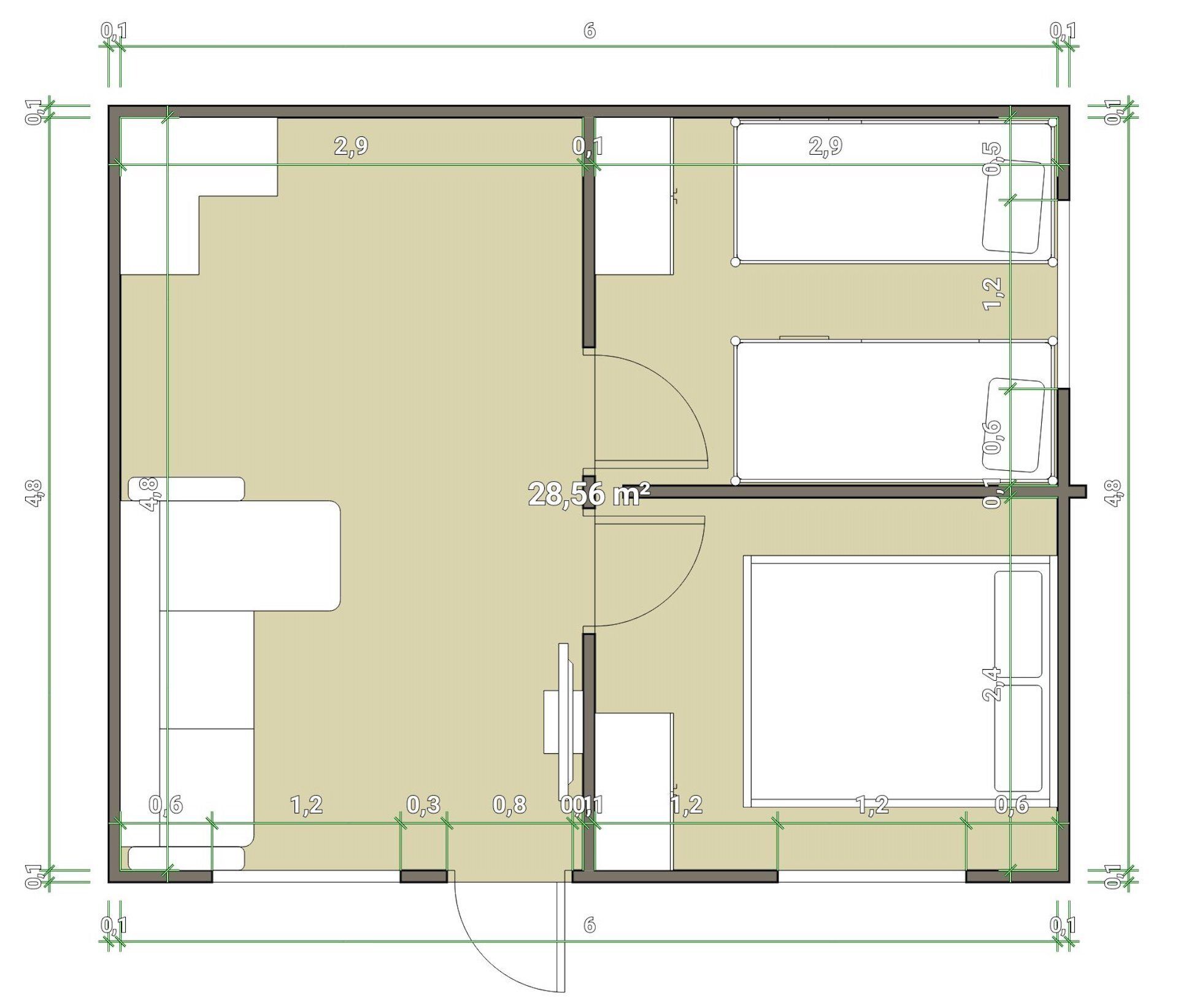 A floor plan of a room with two beds and a desk