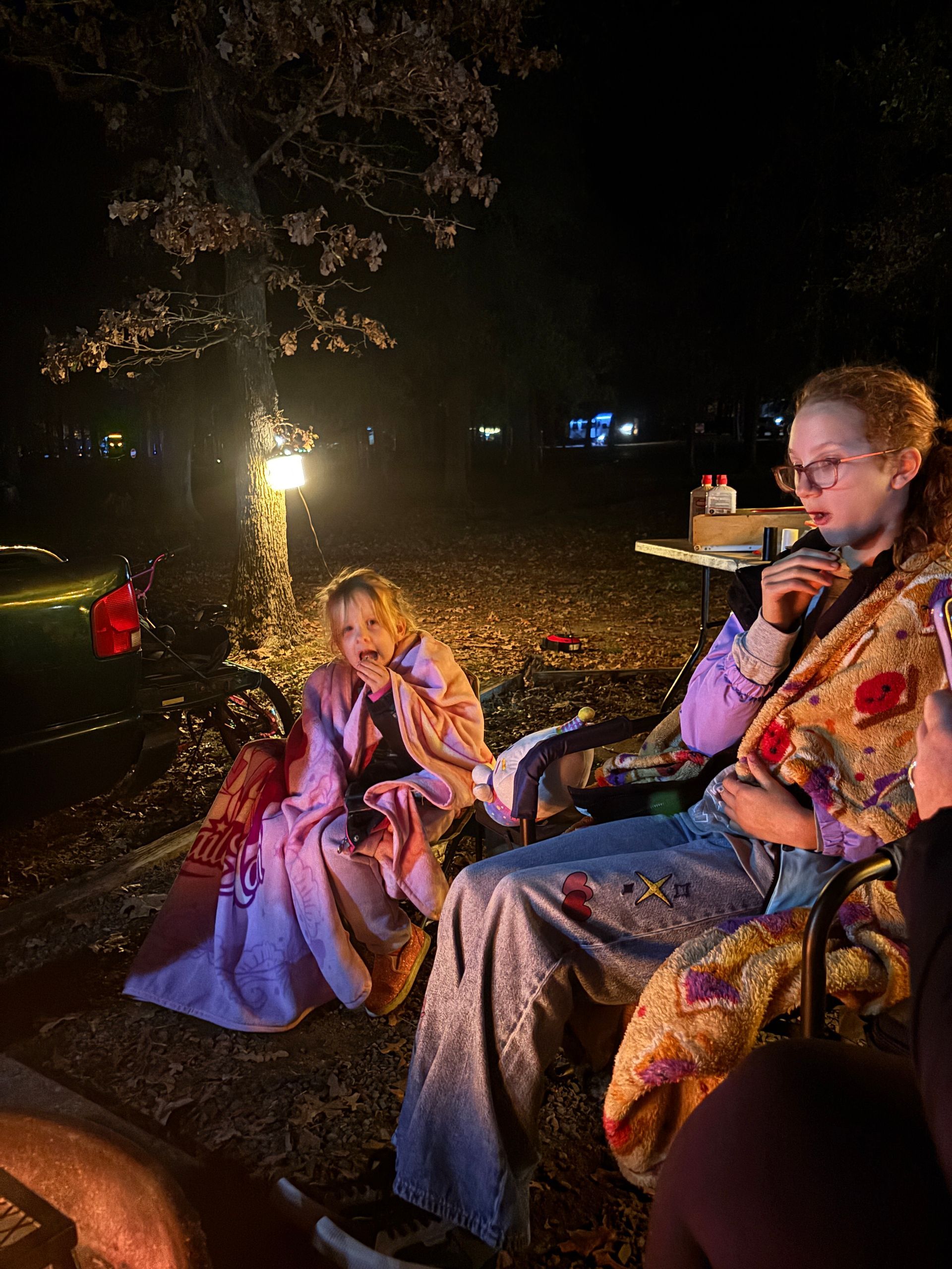 Two people wrapped in blankets sit by a campfire at night, trees in the background.