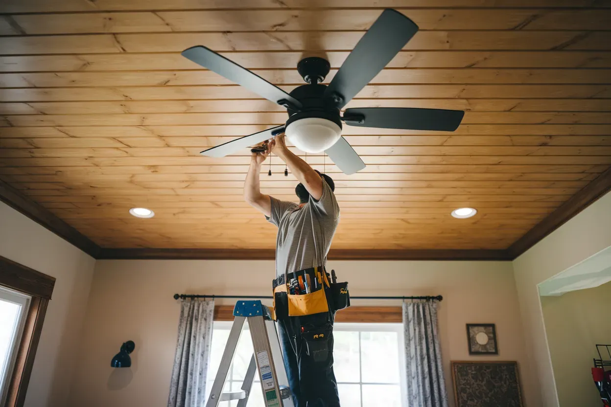 A man is installing a ceiling fan in a living room.
