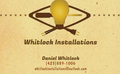 Business card for Whitlock Installations, featuring a lightbulb, screwdriver, and electrical plug icon with contact info.