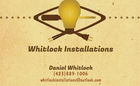 Business card for Whitlock Installations, featuring a lightbulb, screwdriver, and electrical plug icon with contact info.