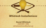 Business card for Whitlock Installations, featuring a lightbulb, screwdriver, and electrical plug icon with contact info.