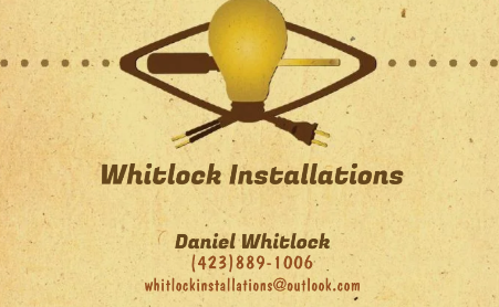 Business card for Whitlock Installations, featuring a lightbulb, screwdriver, and electrical plug icon with contact info.
