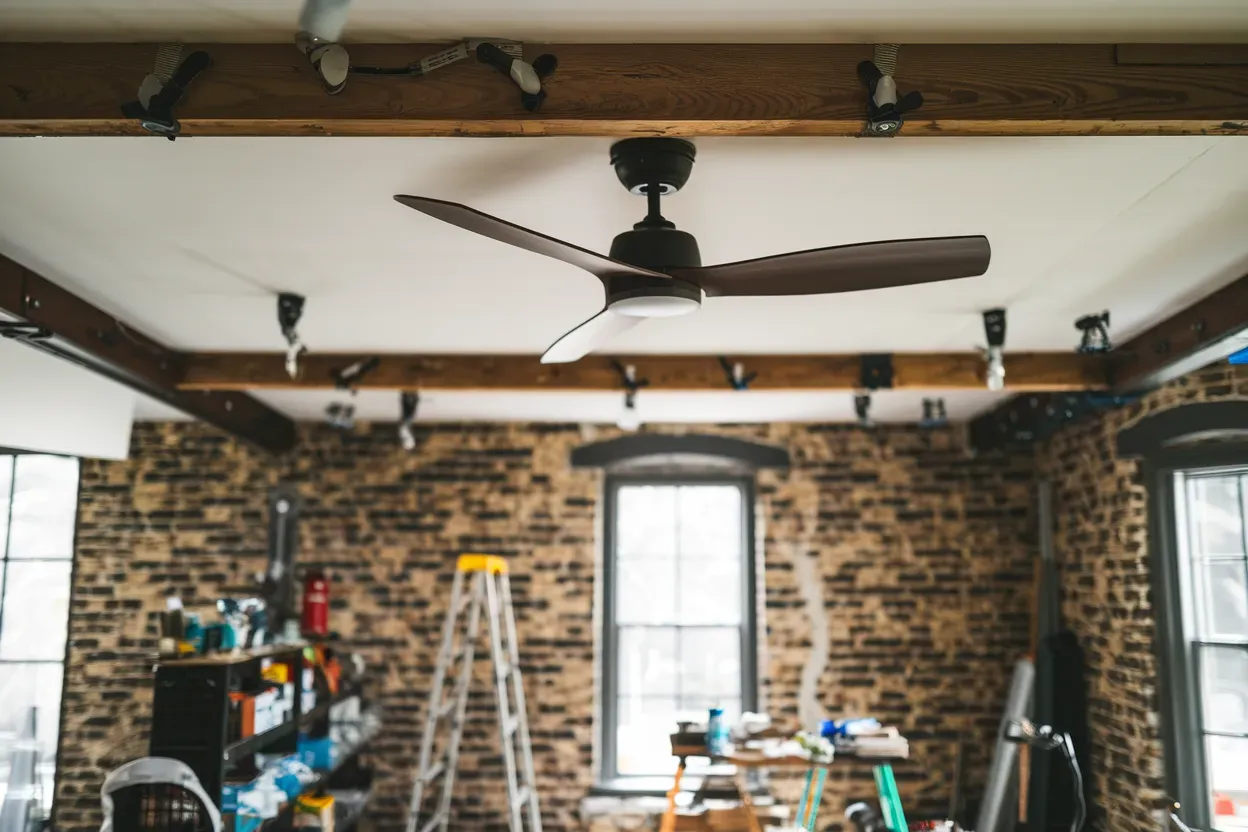 A ceiling fan is hanging from the ceiling of a room with a brick wall.
