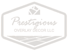 Logo for Prestigious Overlay Decor LLC, a decorative overlay company. Gray hexagon shape with logo text and graphics.