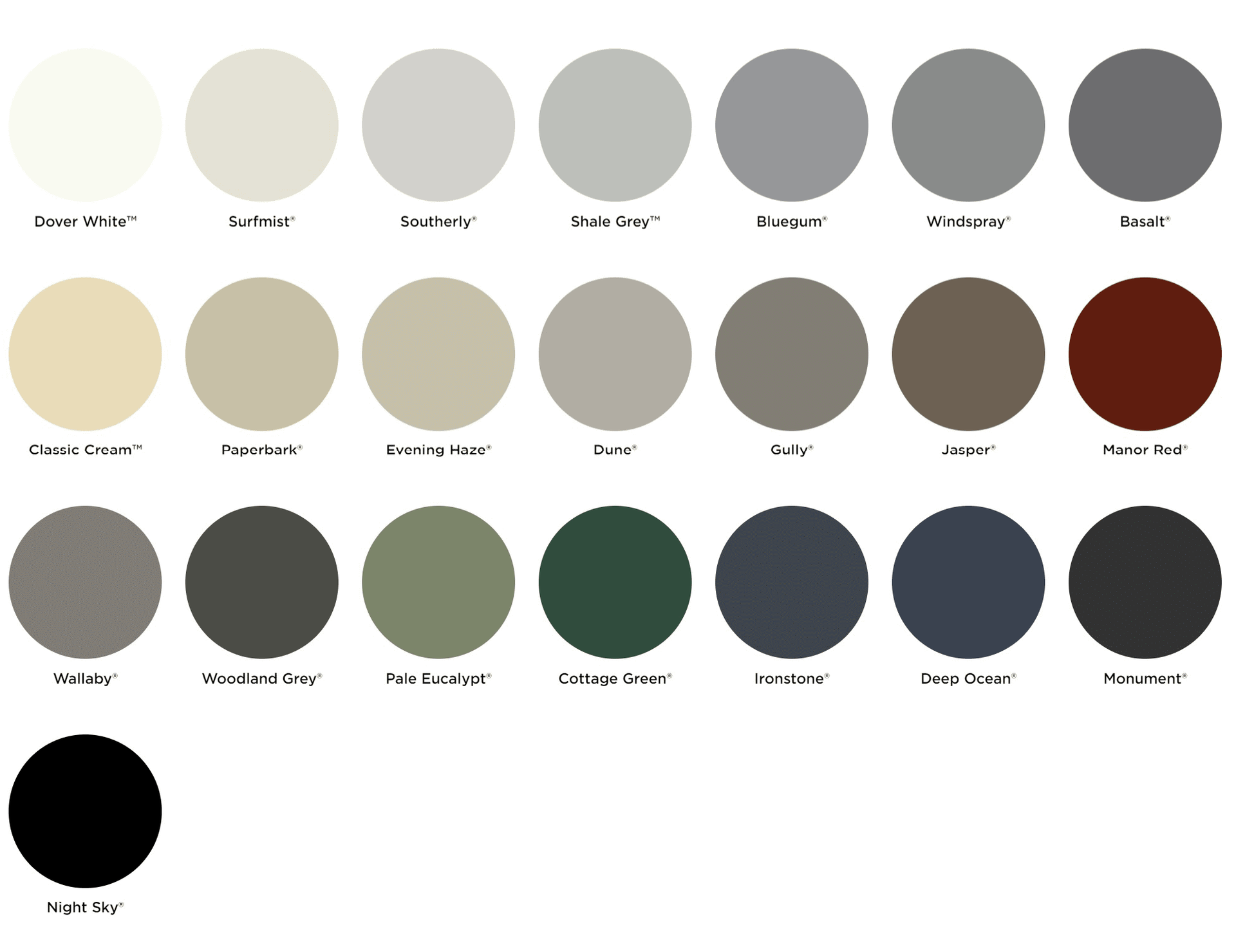 Color palette chart with multiple labeled circular swatches in neutral, beige, gray, blue, green, and brown tones