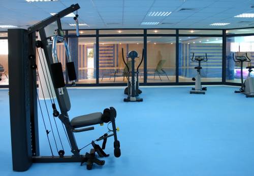 A gym with a blue floor and a lot of exercise equipment