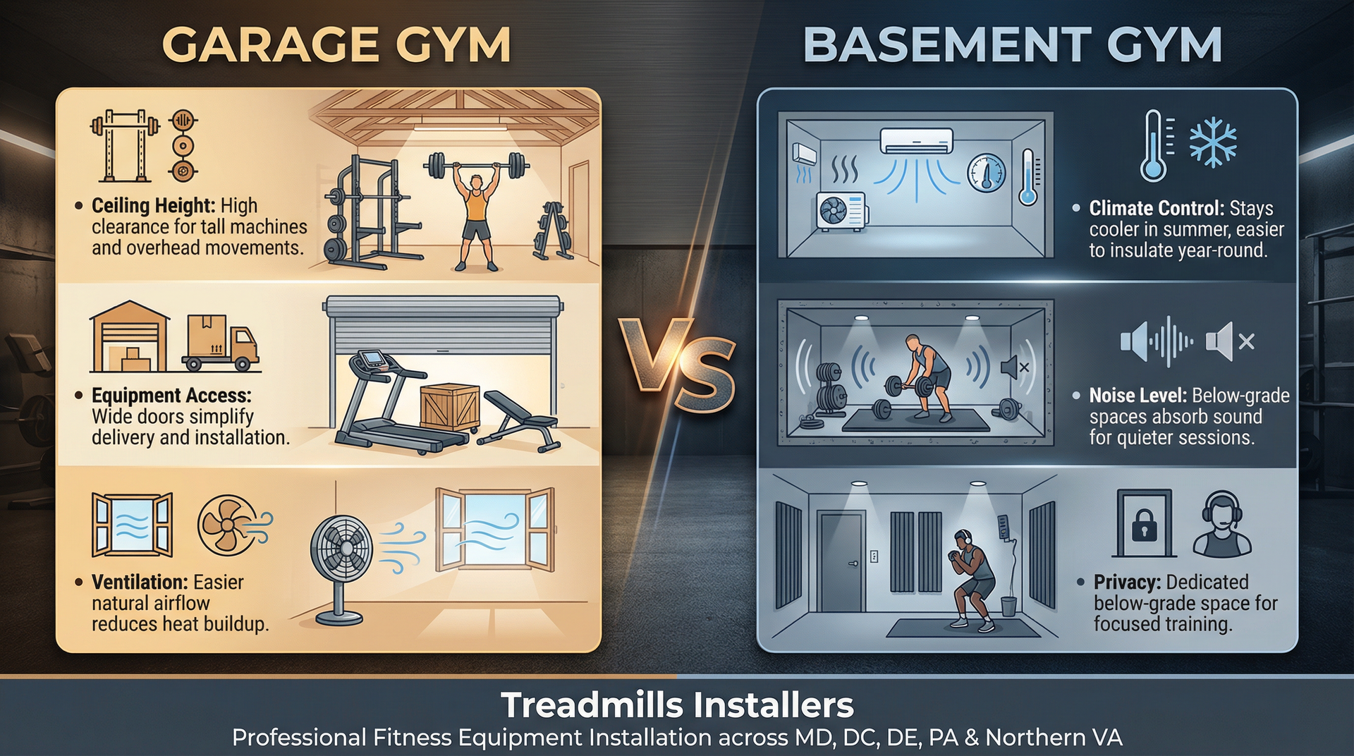 Comparison of a garage gym vs. a basement gym, with diagrams highlighting features such as equipment and ventilation.