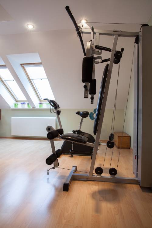 A home gym with a bicycle and a bench