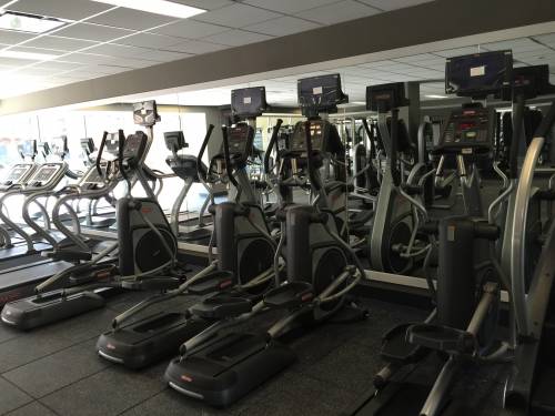 A gym with a lot of ellipticals and treadmills