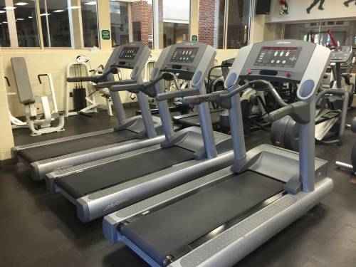A row of treadmills are lined up in a gym