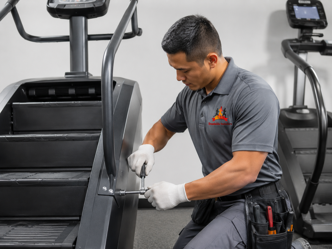 Technician inspecting and adjusting a black treadmill in a gym