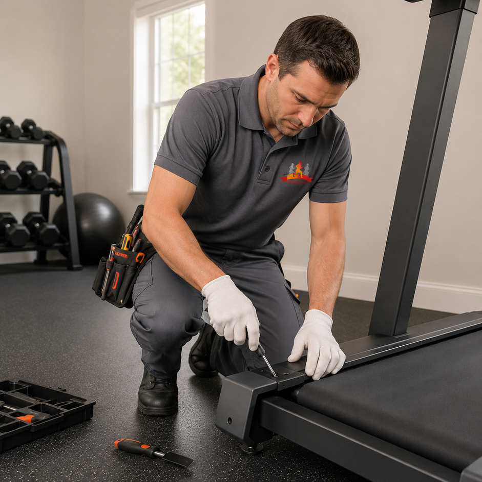Technician kneeling beside a treadmill, adjusting the front frame with tools in a gym.