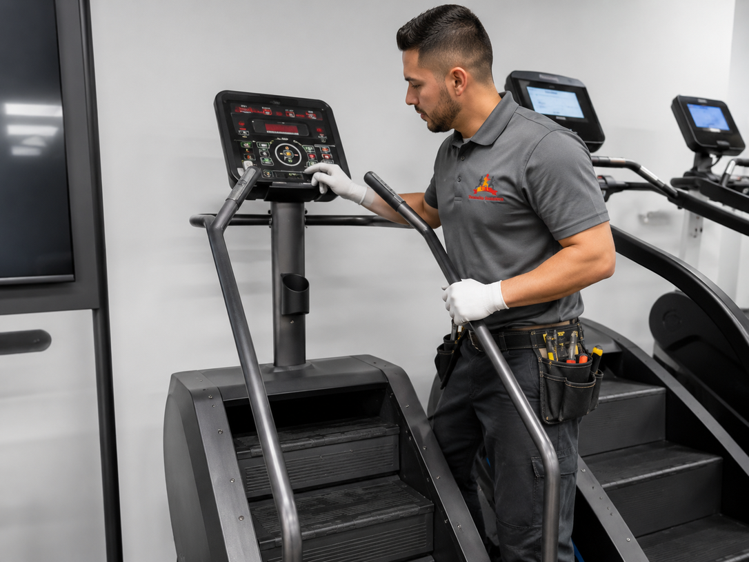 Man cleaning a treadmill console in a gym with several treadmills nearby