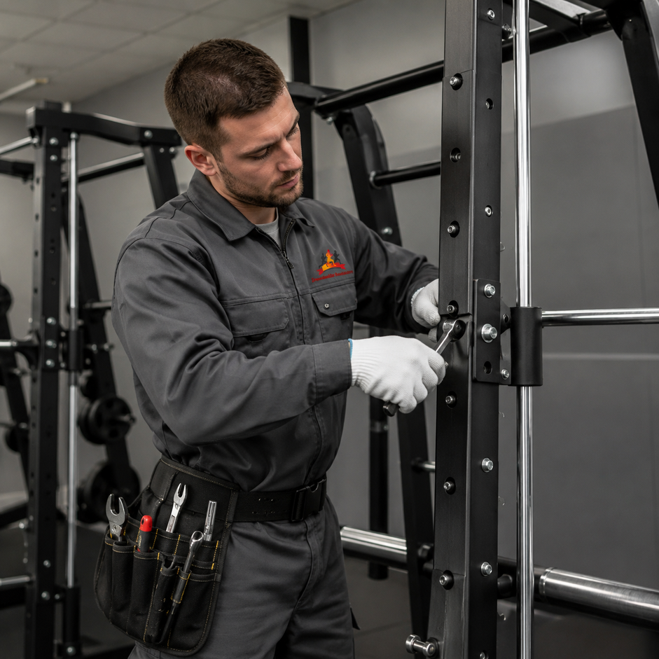 Technician in gray uniform adjusting gym equipment with tools at a fitness facility