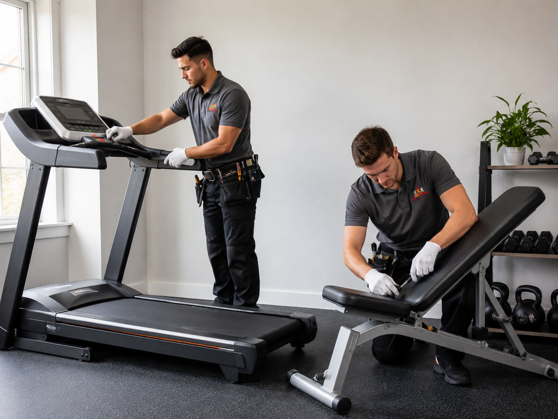 Two trainers adjusting a treadmill and bench in a gym.