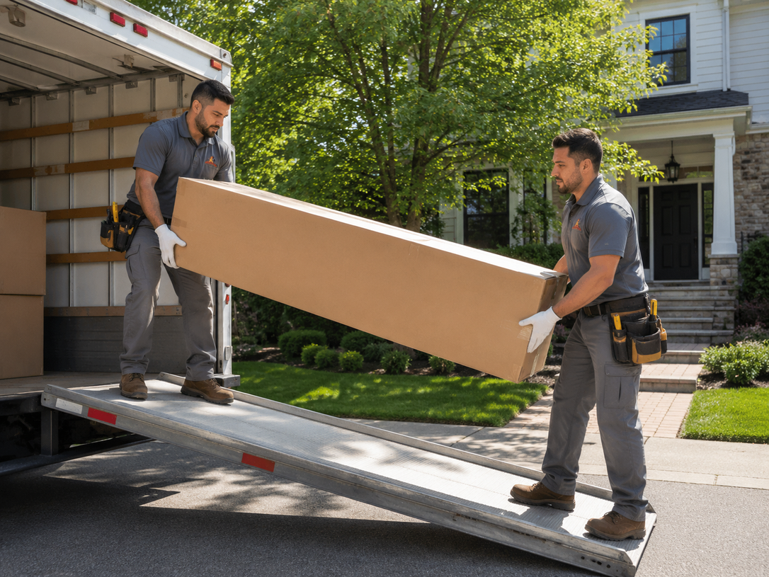 Two movers carrying a large cardboard box from a truck on a suburban street