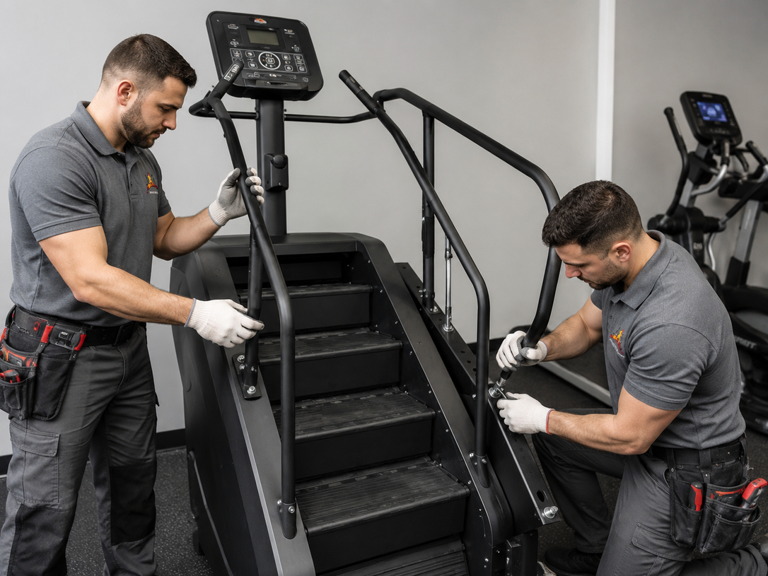 Two workers installing black stair lift equipment on a staircase indoors