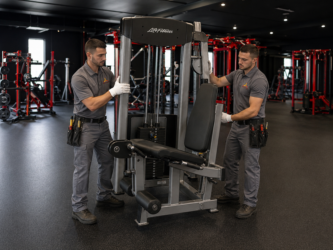 Two men adjusting a weight machine in a modern gym with black and red equipment