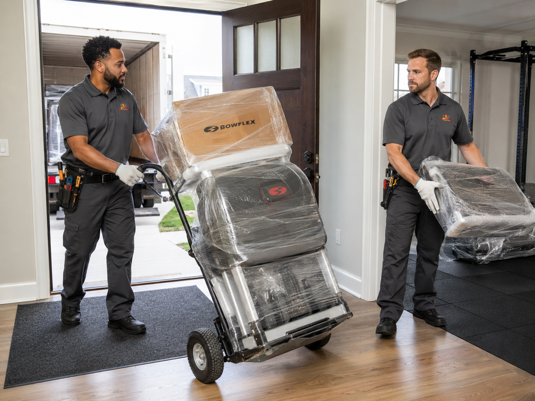 Two movers with hand trucks carrying wrapped furniture through a doorway inside a home