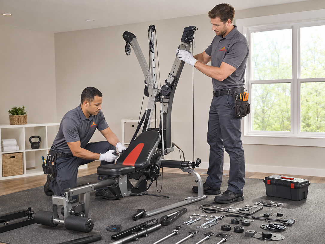 Two technicians assembling a large exercise machine in a bright room, with tools and parts scattered nearby.